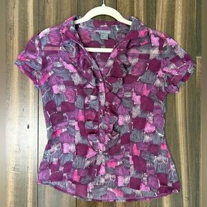 Ann Taylor Sz 2 Sheer Pink Purple Gray Ruffle Blouse Art Deco Button Down v Neck